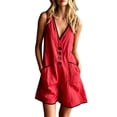 thumbnail image 2 of Women's Summer Casual Romper V Neck Sleeveless Short Jumpsuits Button Down Overalls with Pockets Lightweight Lounge Playwear Beach Vacation Essential, 2 of 6