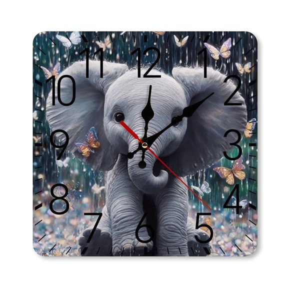 RKSupls 10×10inch Square Silent Wall Clock Wooden Frame, Baby Elephant Butterflies Scale Decorative Clock for Home Bedroom Living Room Office