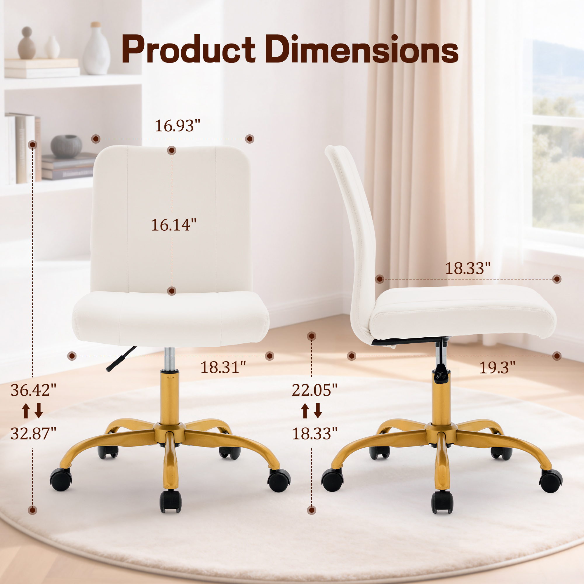 Korser Armless Home Office Desk Chair with Back Modern Vanity Chair with Adjustable Height,360° Swivel Task Chair,Velvet,Beige