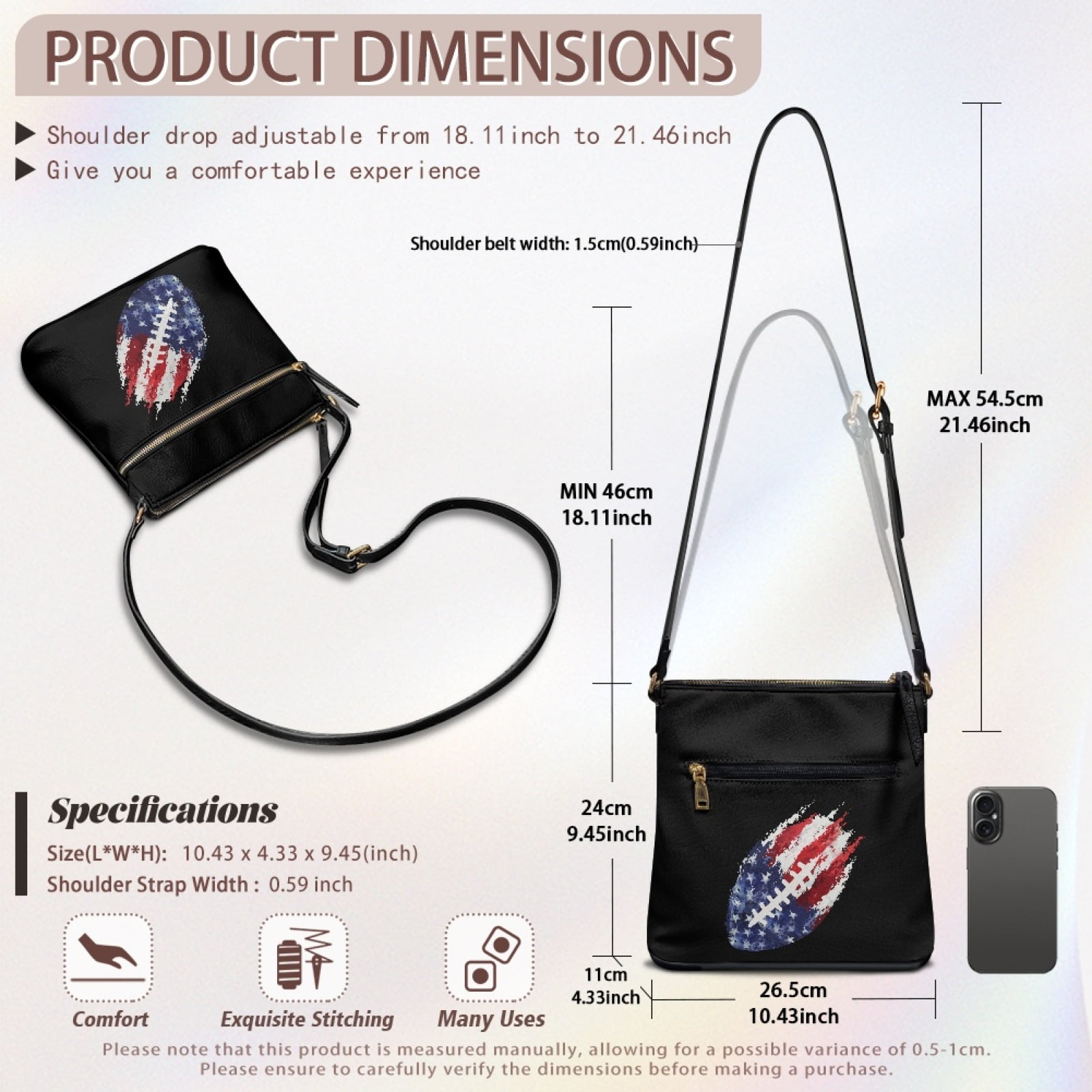 LedBack American Flag Football Print Leather Women Satchel Purse Crossbody Sling Hobo Bag with Multi Pockets, Zipper Shoulder Handbag Messenger Bag with Adjustable Shoulder Strap, Black