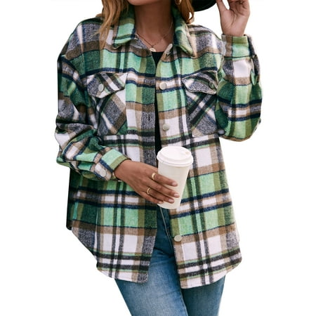 SUNSIOM Womens Oversized Flannel Long Sleeve Plaid Shirt Blouse Tops Lapel Shacket Button Down Shirt Jacket | Walmart (US)