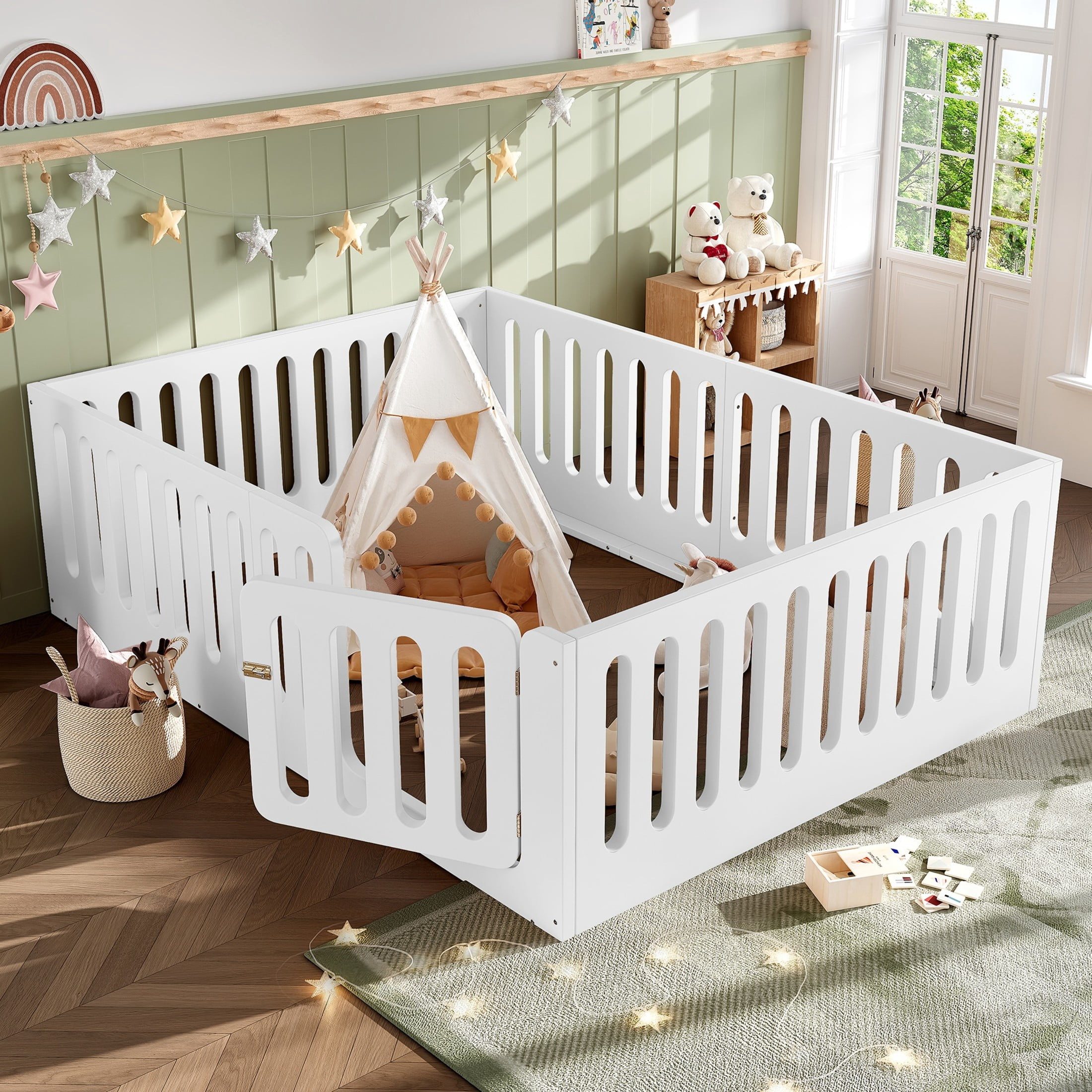 GDF Studio Queen Size Montessori Floor Bed with High Guardrails & Door, Low-Profile Design, White