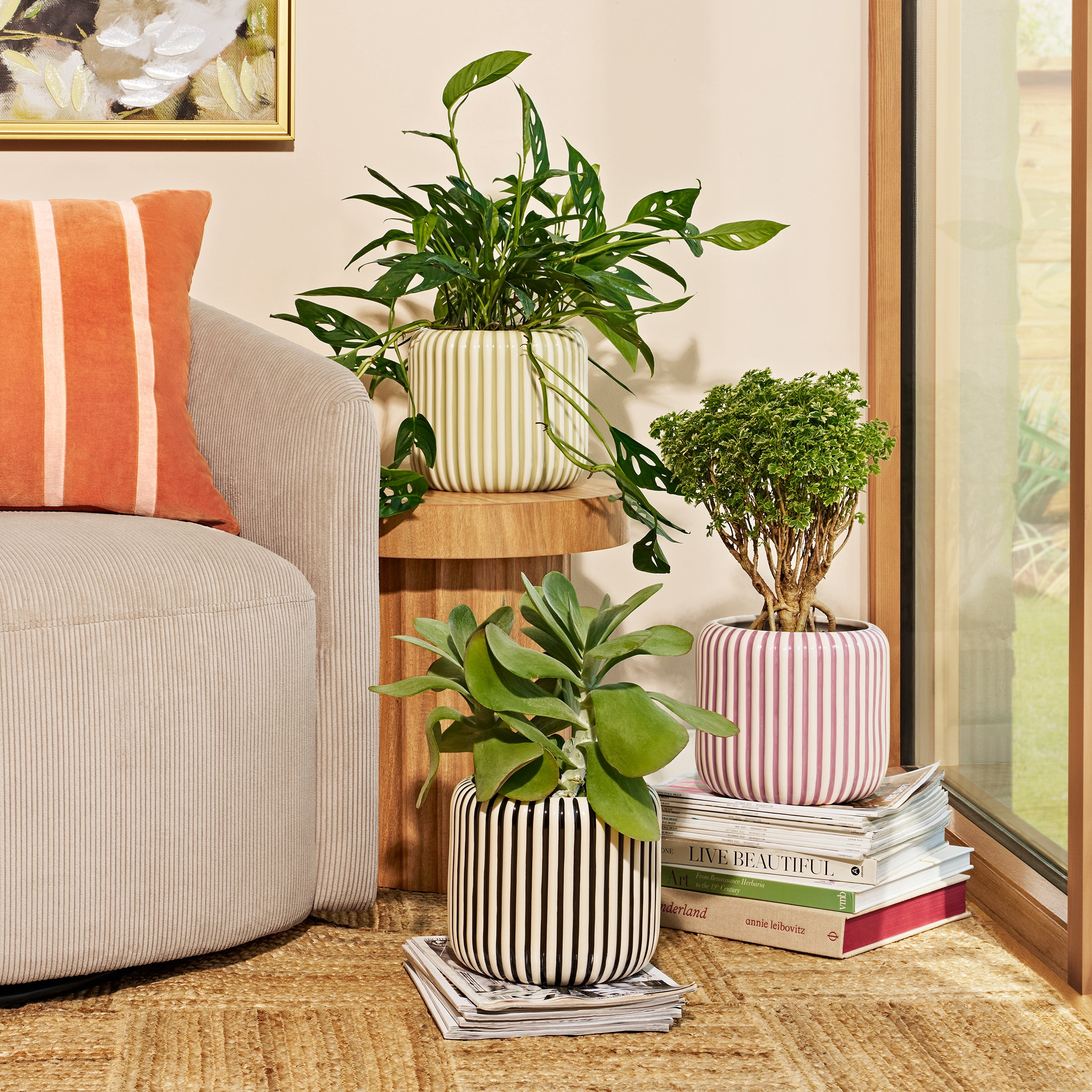 Beautiful 8" Rose Pink Stripe Ceramic Planter by Drew Barrymore