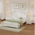 thumbnail image 2 of 3-Piece Retro Queen Platform Bed with 2 Nightstands, Modern Wooden Bed Frame with Slat Support, Upholstered Bed without Box Spring Needed, White, 2 of 9