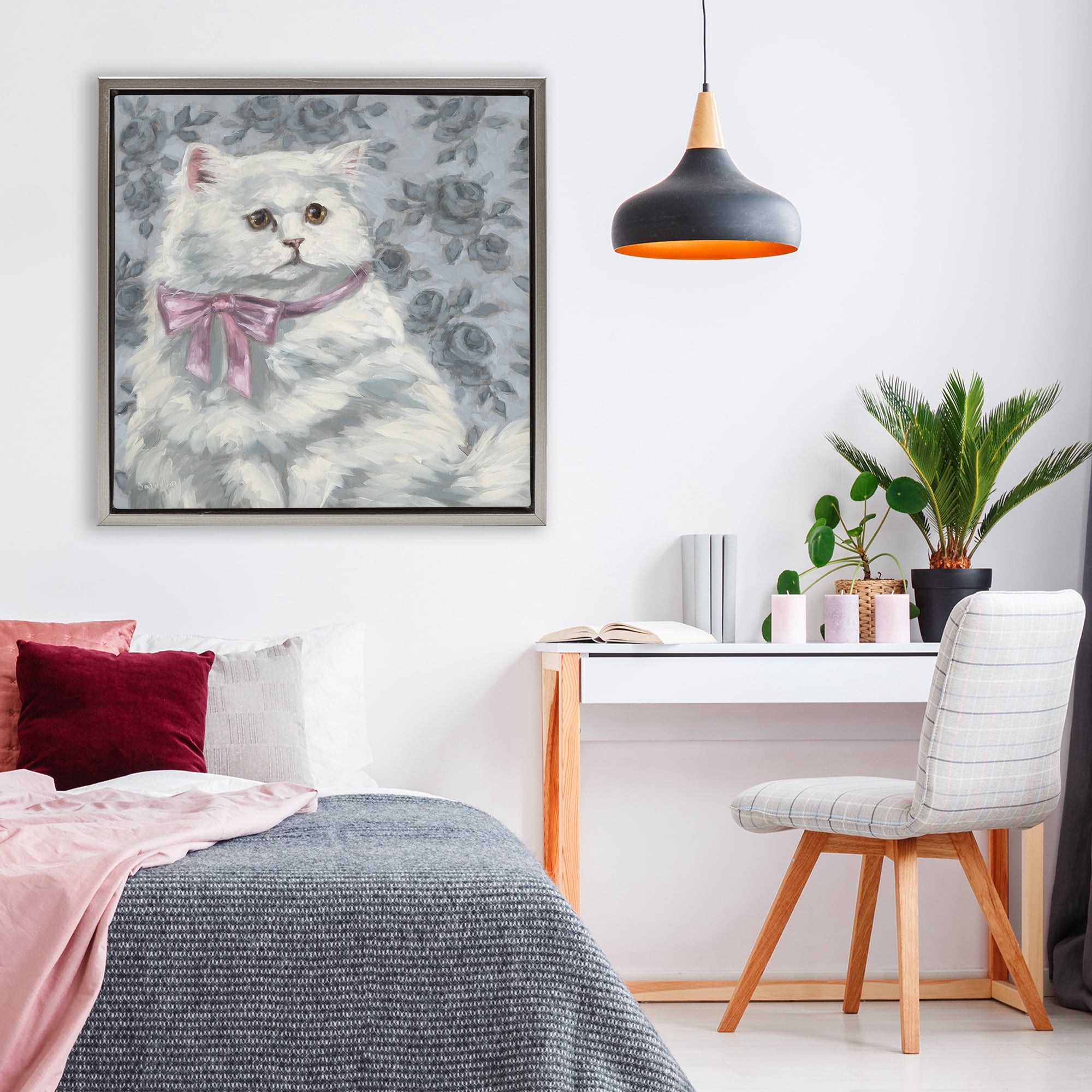 Stupell Industries Coquette Kitty Portrait Gray Framed Floater Canvas Wall Art, design by Sara G. Designs
