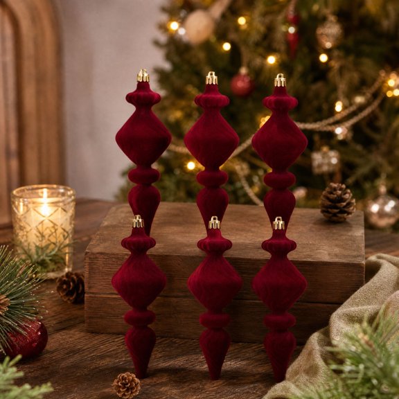 6 Pack Christmas Tree Ornaments Set Vintage Finial Hanging Baubles for Holiday Mantel Decor Indoor Home Decoration Spindle Drop Ornaments for Xmas Tree Party Display Festive Hanging, Red, Style A