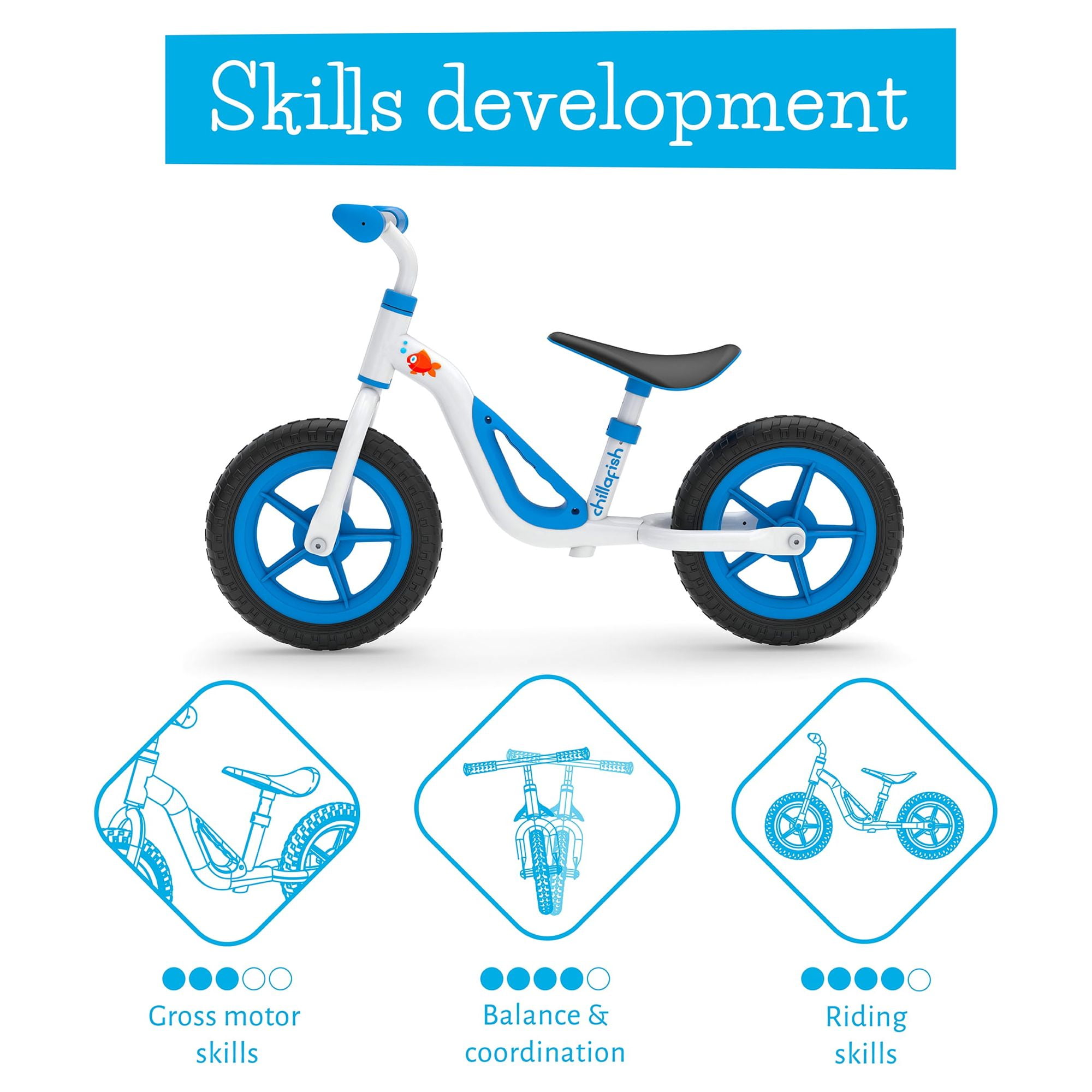 Chillafish Charlie lightweight toddler balance bike with carry handle, adjustable seat and handlebar, puncture-proof 10-inch wheels, for kids 18-48 months, Blue