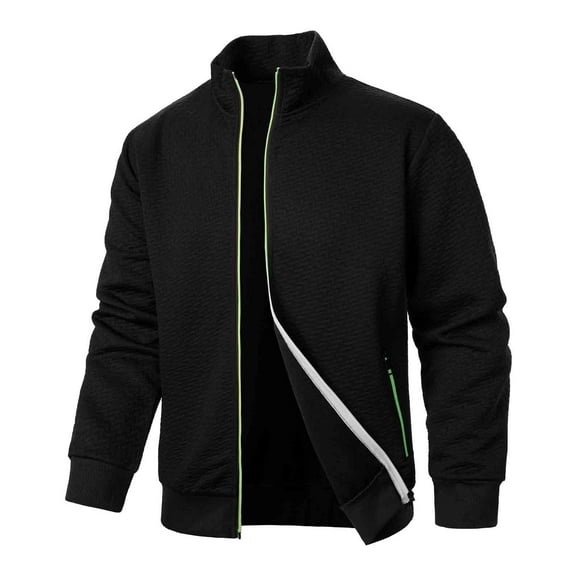 Men's Spring Fall Winter Jacquard Fleece Full Zip Jacket - Lightweight Collared Windbreaker with Textured Fabric & Pockets (Casual/Outdoor)