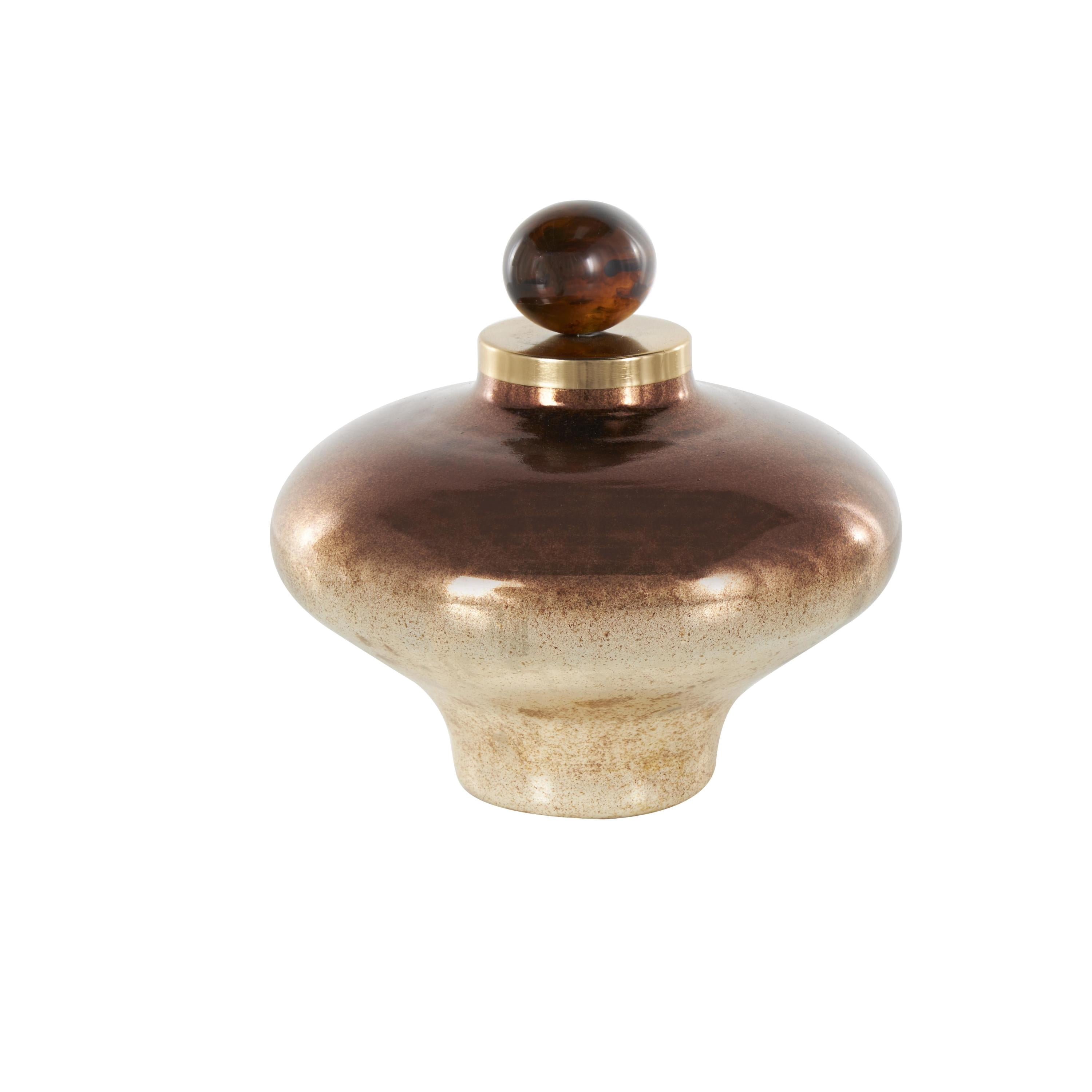 DecMode 9" x 9" Copper Glass Wide Speckled Ombre Decorative Jars with Oval Top Knob and Gold and Beige Accents, 1-Piece