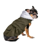 Vibrant Life Olive Green Twill Pet Jacket With Pocket Flap and faux Fur Hood, For Dogs and Cats, Size Extra-Small