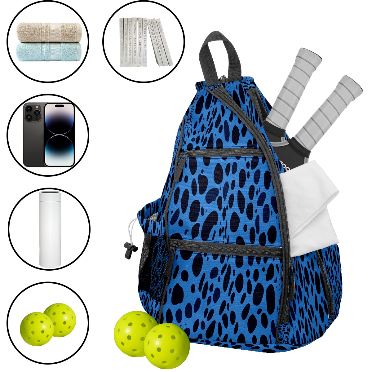 Pickleball Bags for Men Women Pickleball Backpack with Large Capacity Lightweight Adjustable Pickleball Sling Bag Hold Paddles, Balls, Accessories Blue Leopard