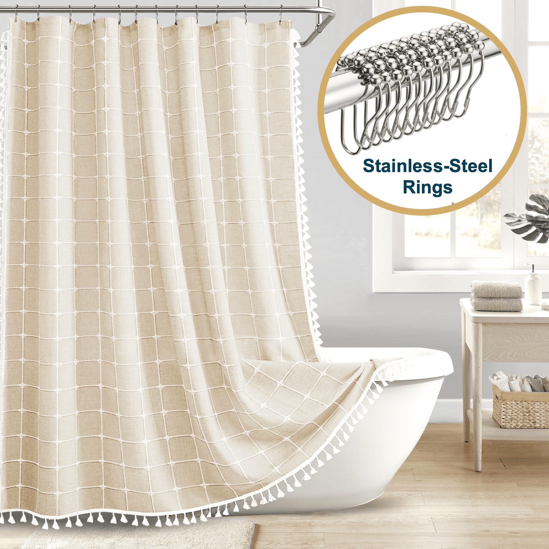 ComfiTime Tassel Shower Curtain Set with Hooks – 330 GSM Heavy-Duty Fabric Cloth, Boho Farmhouse Bathroom Curtain, Embroidered Hotel Luxury Linen, Water-Repellent, Machine-Washable, 72” x 72”, Beige