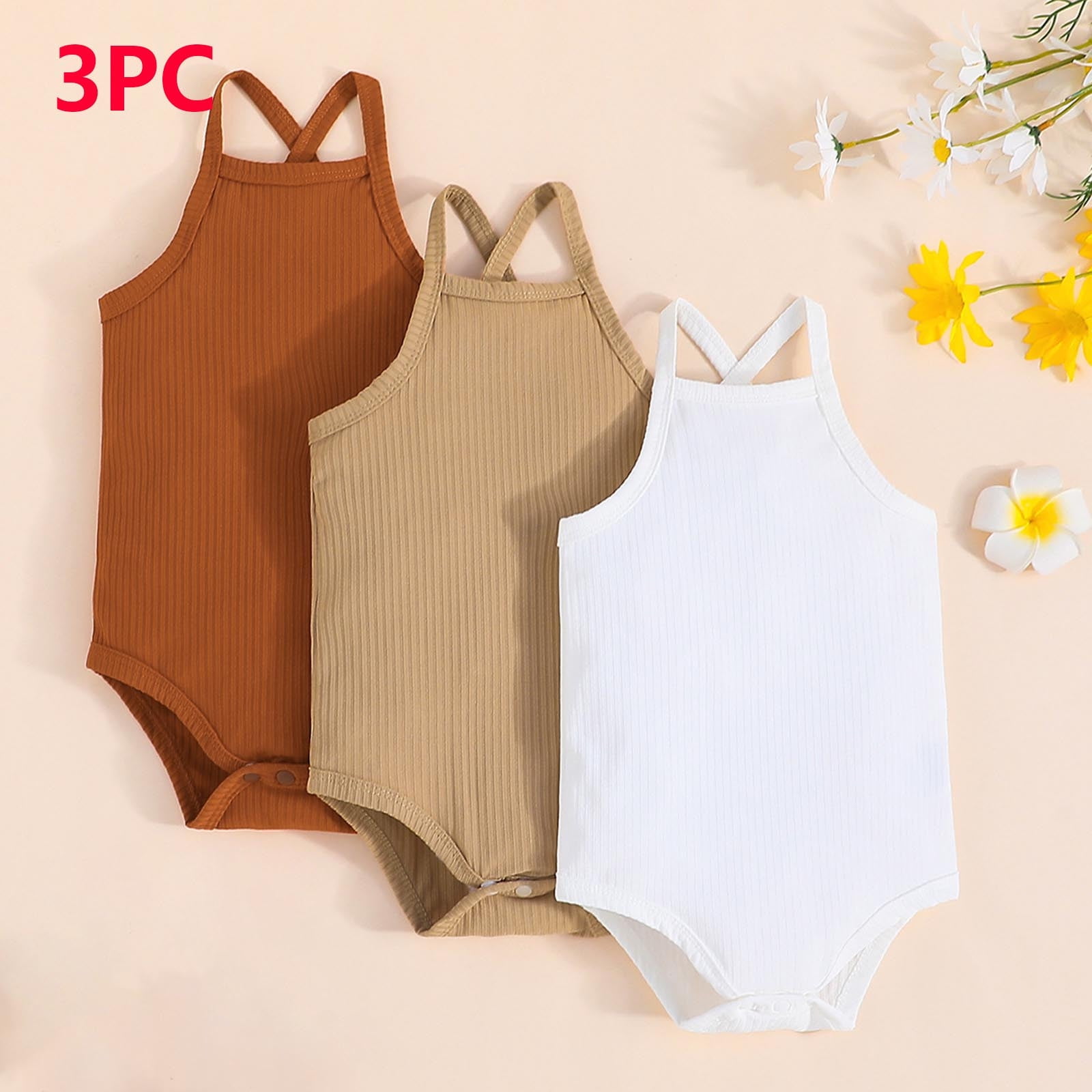 Baby Cotton Bodysuit 3 Pack Sleeveless Ribbed Rompers Cross-Back Basic Onesies Unisex Casual Short Jumpsuits, Khaki, 6 Months