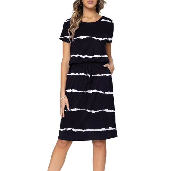 CALIPESSA Women Summer Black Stripe Casual Hide Belly Drawstring Knee Length Dress