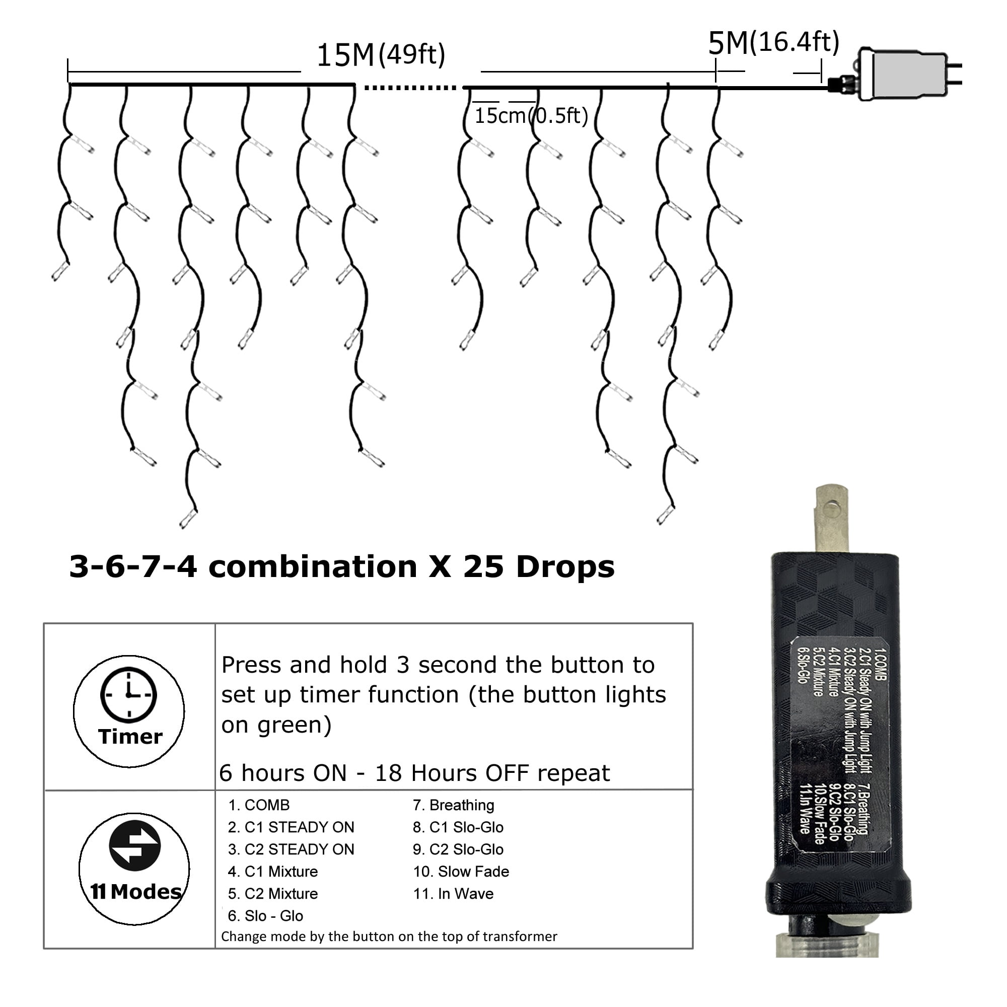 Icicle String Lights Christmas Curtain Light with Timer & Remote Control, 50FT 500 LED, Warm To White Color Changing, Indoor & Outdoor for Wall Eave Gazebo Fence Decoration