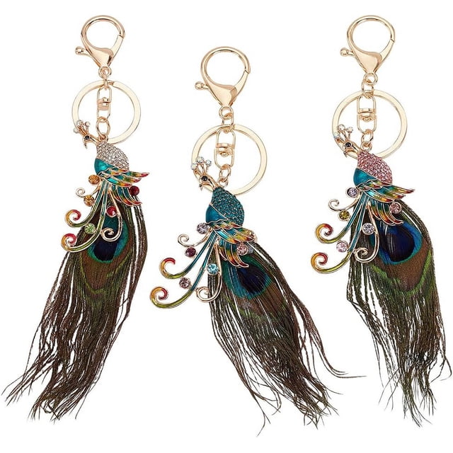 Llaveros de pavo real de 3 colores, de aleación con diamantes de imitación, colgantes y plumas de pavo real.