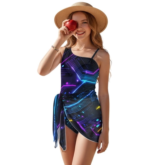 Jiueut Cyber Circuit Print Girl's One Piece Bathing Suit with Mesh Cover Up Cut Out Swimsuit with Adjustable Straps