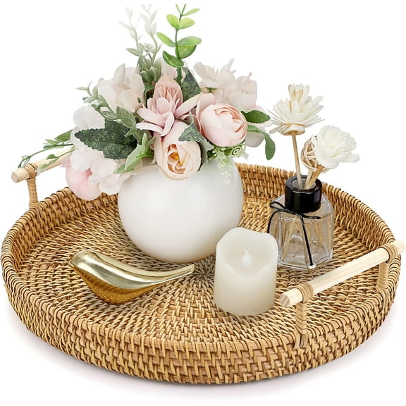 1Piece Round Rattan Serving Tray with Handles Wicker Tray Coffee Table Decorative Tray Hand Woven Serving Basket Trays for Fruit Bread Parties Breakfast