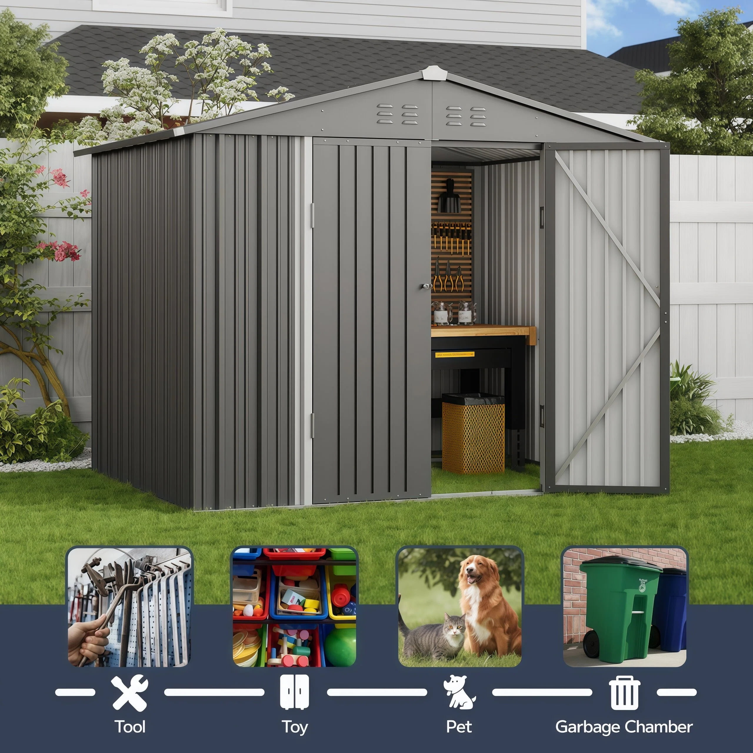 Asofer 8'x6' Metal Outdoor Storage Shed, Galvanized Steel Tool Shed with Lockable Double Doors for Patio & Backyard, Drak Gray
