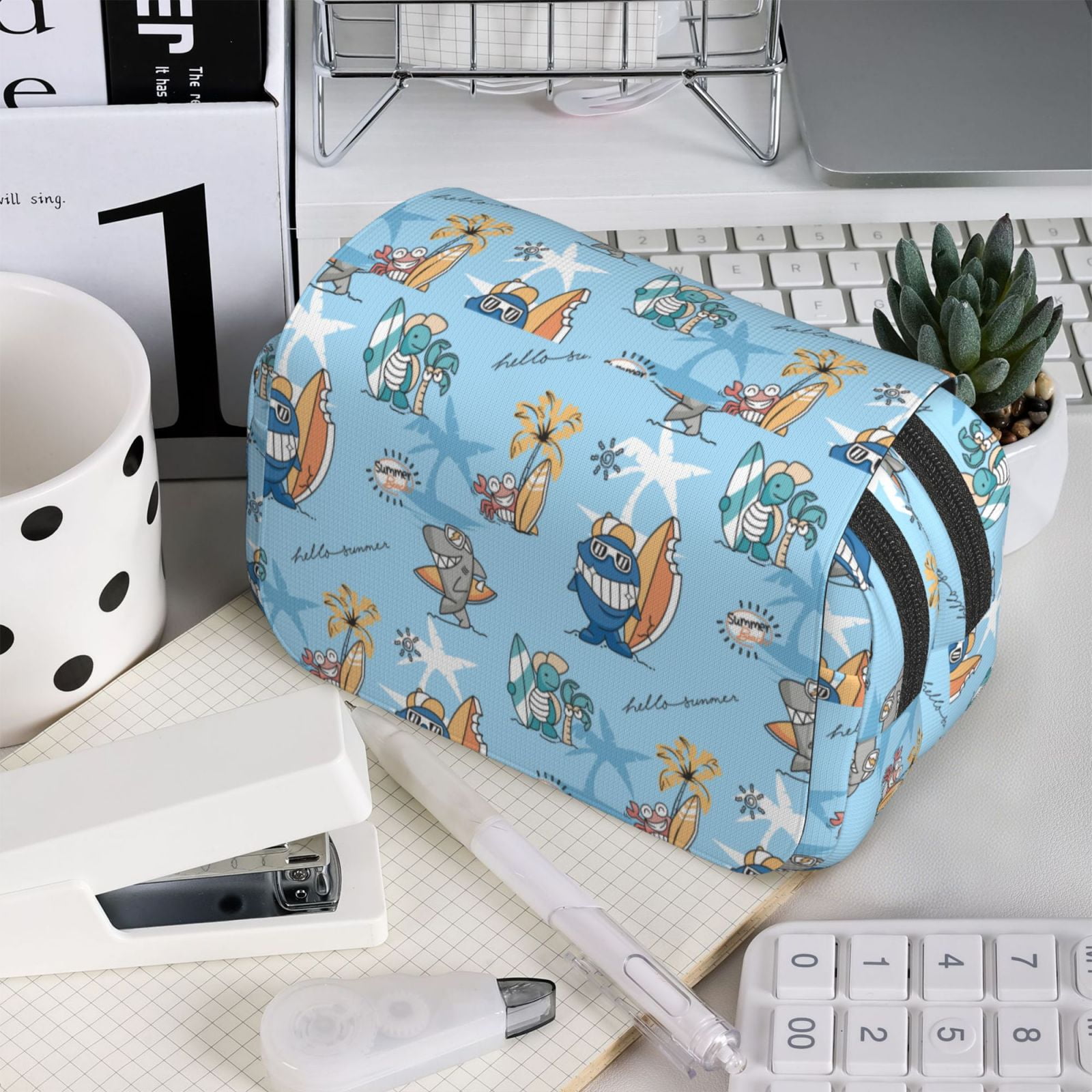 Rateoe Cute Animals Surfers Pattern Double Clamshell Pen Case, Storage Organizer with Two Zipper Compartments– Holds Up to 50 Pencils & Pens