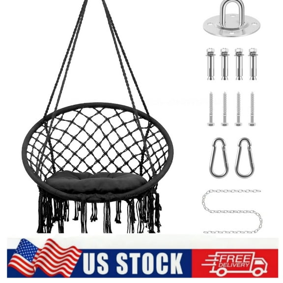 Black Hammock Swing Chair with Back Cushion, Hanging Kit Included,Boho Hammock Chair, Swing Chair for Bedroom Patio