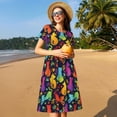 thumbnail image 4 of Honeii Robe à Manches Courtes Imprimé Chats Colorés pour Femmes, Robe Décontractée Confortable, Mélange Polyester Spandex Doux, Tenue Quotidienne Élégante pour l'Été, Parfaite pour les Voyages et les Vacances, 4 of 6
