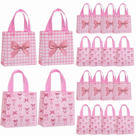 30Pcs Pink Bow Gift Bags, Coquette Bow Party Favor Bag with Handle, Reusable Non Woven Candy Treat Bag for Wedding Birthday Bridal Shower Bachelorette