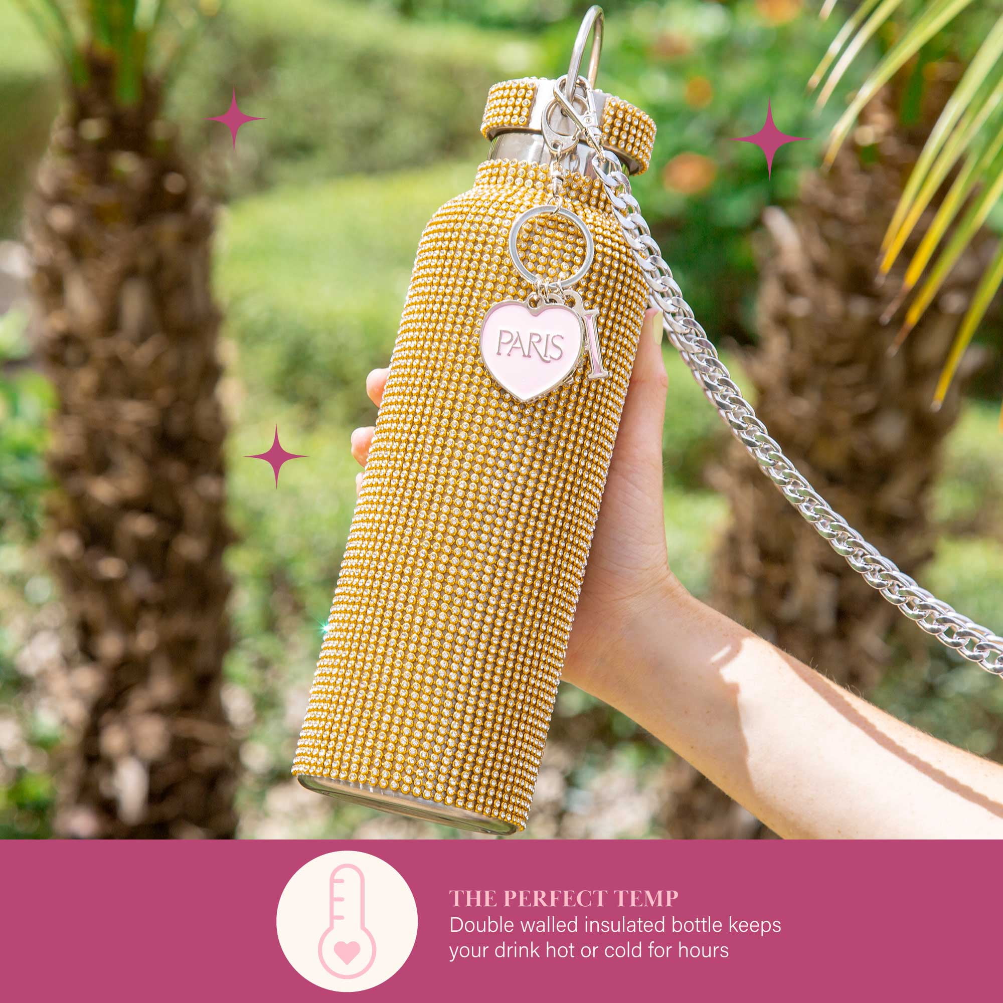 Paris Hilton Rhinestone Stainless Steel Water Bottle with Carry Strap, Gold, 25 fluid ounces
