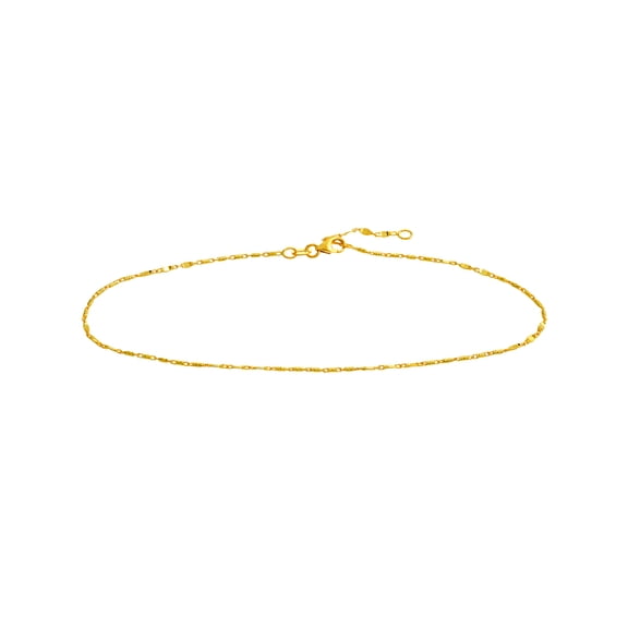 14k Yellow Gold 3flat Stations and 0.95mm Sparkle-Cut Barel Adjustable Ank 10 Inch Anklet for Women