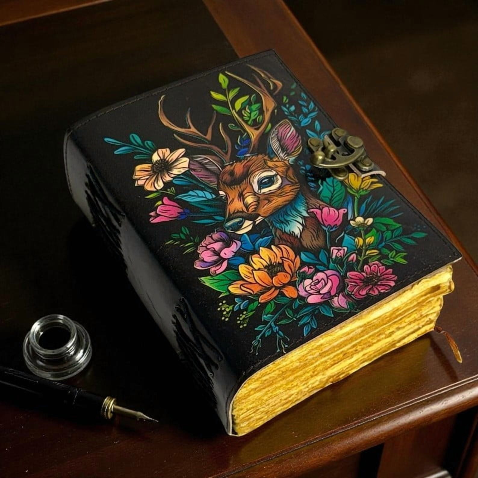 Handmade Leather Journal with Colorful Deer & Floral Artwork – 5x7 Inch Notebook, 200 Handmade Deckle Pages, Vintage Clasp, Artistic Writing Diary