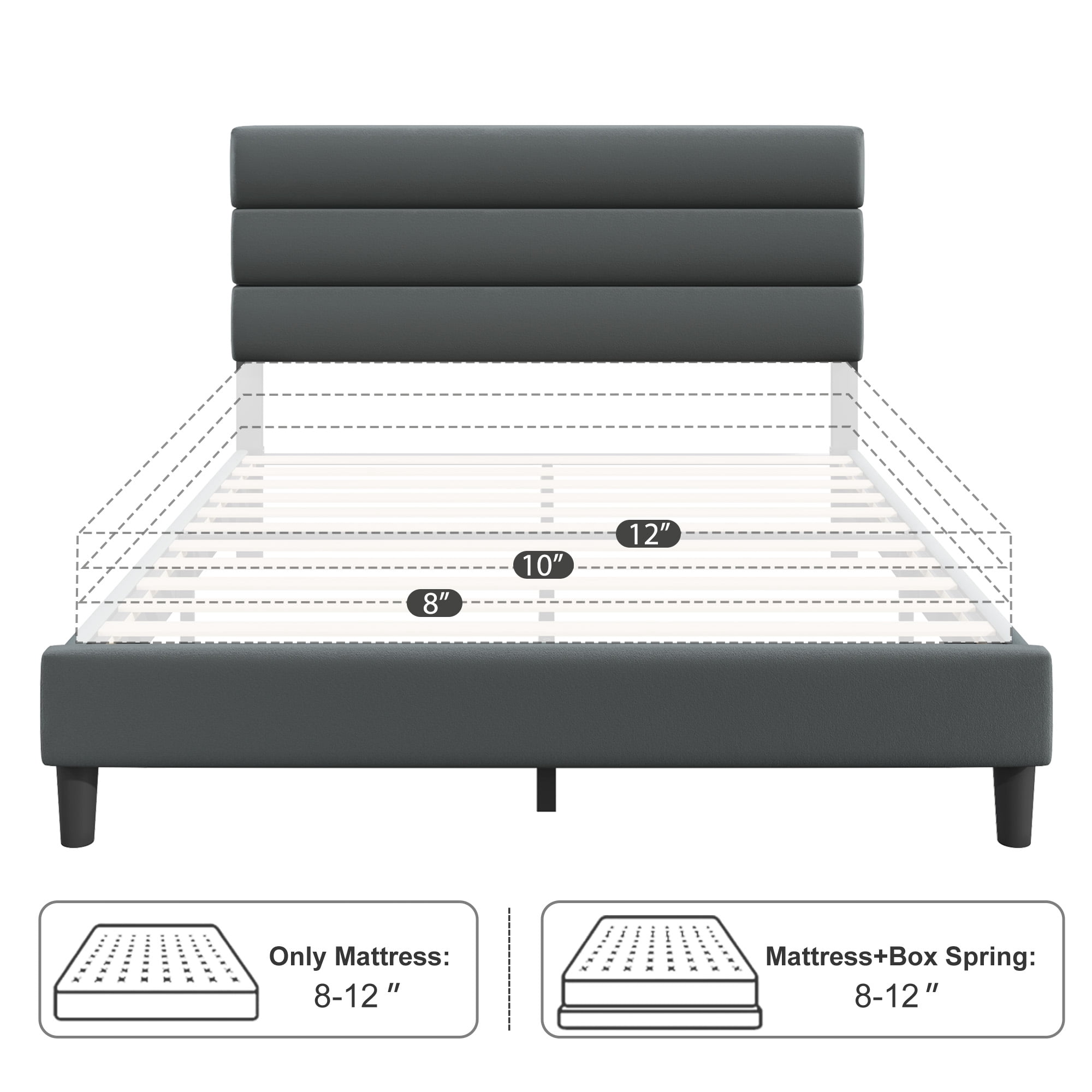 Bolvdo Queen Bed Frame with Velvet Upholstered Headboard, Metal Support, No Box Spring Needed, Noise Free, Easy Assembly, Grey