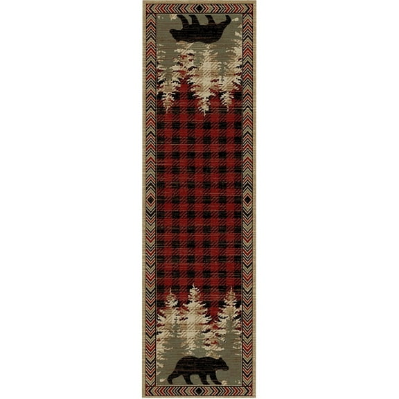 Mayberry Rugs American Destination Lodge Bear Plaid Rug Red 2'3"x7'7" 8' Runner