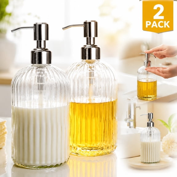 Clear Glass Soap Dispenser Set 15 oz - 2 Pack Refillable Liquid Dispenser Bottles with Stainless Steel Pump for Kitchen, Bathroom Countertop