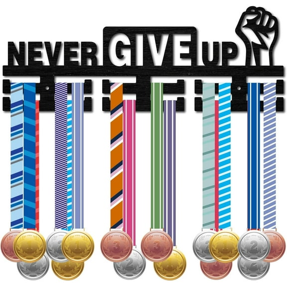 Never Give Up Medal Holder Hanger Medal Display Rack Award Ribbon Organizer Wooden Sports Medal Stand Frame Shelf Hanging Medals Wall Mounted Plaques Hanger for Athlete 15.7 x 6Inch