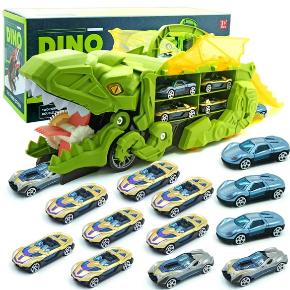 OneAndes Toddler Truck Toys for 3 4 5 6 Years Old Boys, Toys Cars Track Set Dinosaur Transporter Truck with 12 Die-Cast Car Toys, Transforms into Dino, Toddler Car Toys Set for Kids Boys Girls