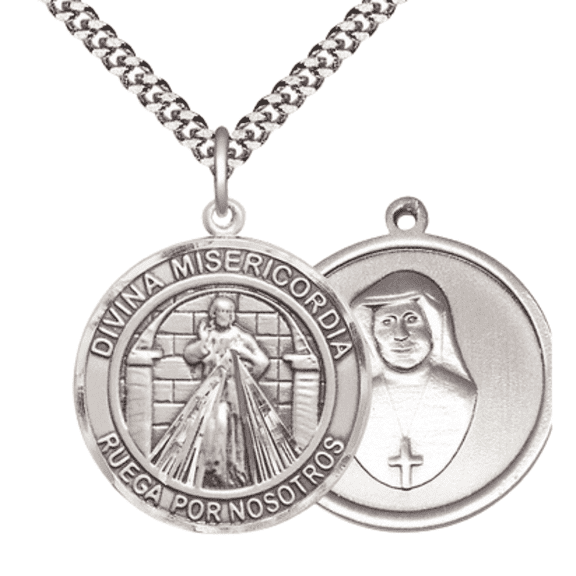 .925 Sterling Silver Divina Misericordia Medal Pendant on 24 Inch Endless Rhodium Plated Heavy Curb Chain,Catholic Religious Necklace -Made in USA, Deluxe Velvet Gift Box