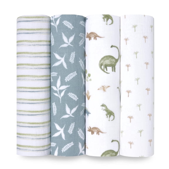 aden anais, Cotton Muslin Swaddle Blanket, Dino Jungle, Blue, Boys, Infants, 4-Pk