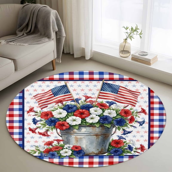 USA 4th of July Round Area Rug 4Ft Washable Circle Rugs for Bedroom Dining Room, Red Blue Plaid Floral Patriotic Non-Slip Carpet Floor Mats Indoor Outdoor Carpet Runner Aesthetic Home Decor