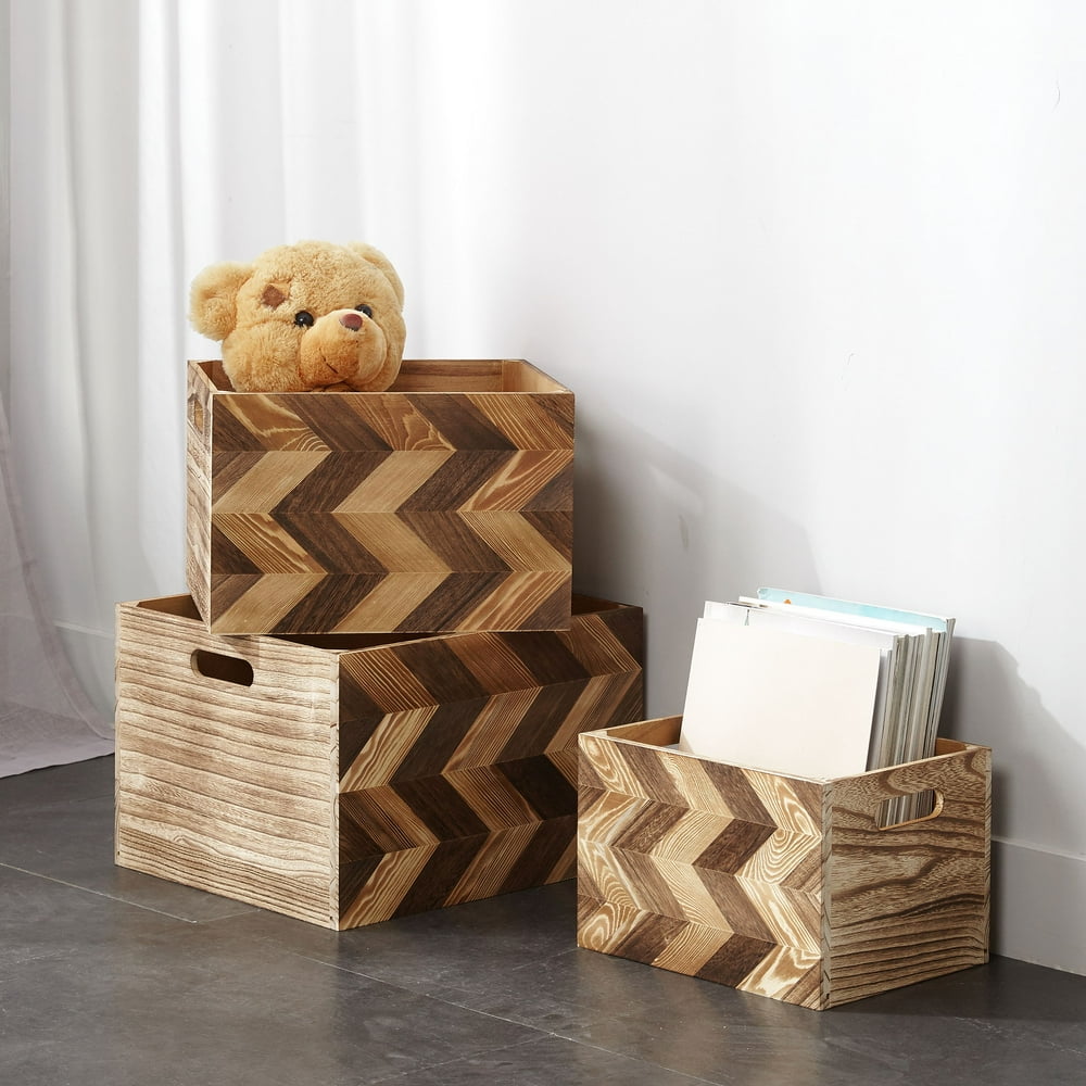 Chevron Wood Storage Box Crates (Set of 3)
