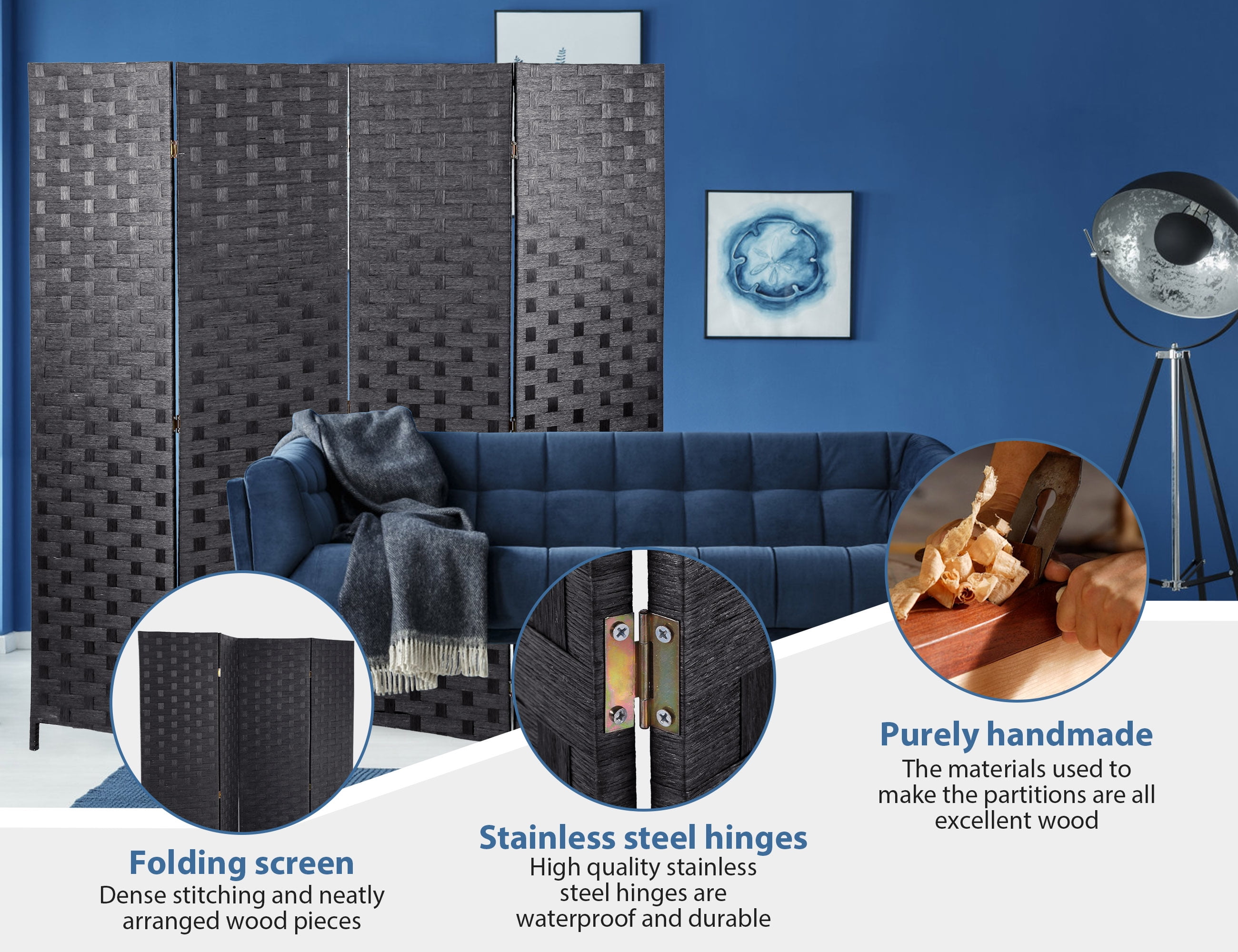 CL.HPAHKL 4 Panels Room Divider and Folding Privacy Screen, 6 ft Tall Wood Mesh Hand-Woven Design Wall Divider, Partition Room Dividers for Home Office Restaurant Bedroom