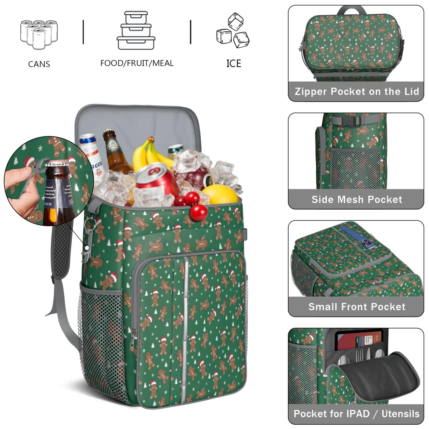 Travel Cooler Bag - Green Christmas Gingerbread Man Pattern Camping Beer Cooler Backpack with Bottle Opener- Waterproof Insulated Picnic Backpacks - Cooler Bag for Beach