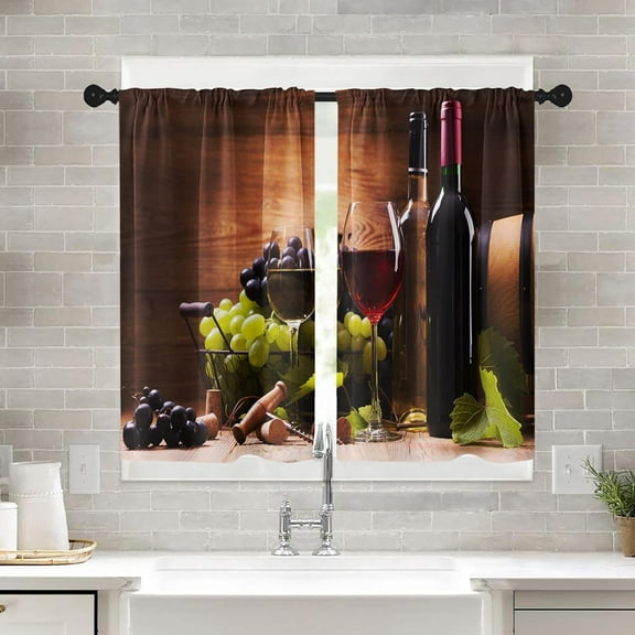 Farmhouse Kitchen Curtains Red Wine and Grapes Window Curtains Short Tier Curtains Over Sink, Black Vintage Modern Art Painting Decor Rod Pocket Window Drapes Set of 2 (26x36 Inch)