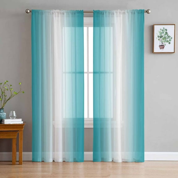 Turquoise White Ombre Sheer Curtains 96 Inches Long 2 Panels Set, Window Sheer Curtains for Living Room/Bedroom, Farmhouse Minimalist Gradient Art Light Filtering Rod Pocket Curtain 52'' x 96'' x 2
