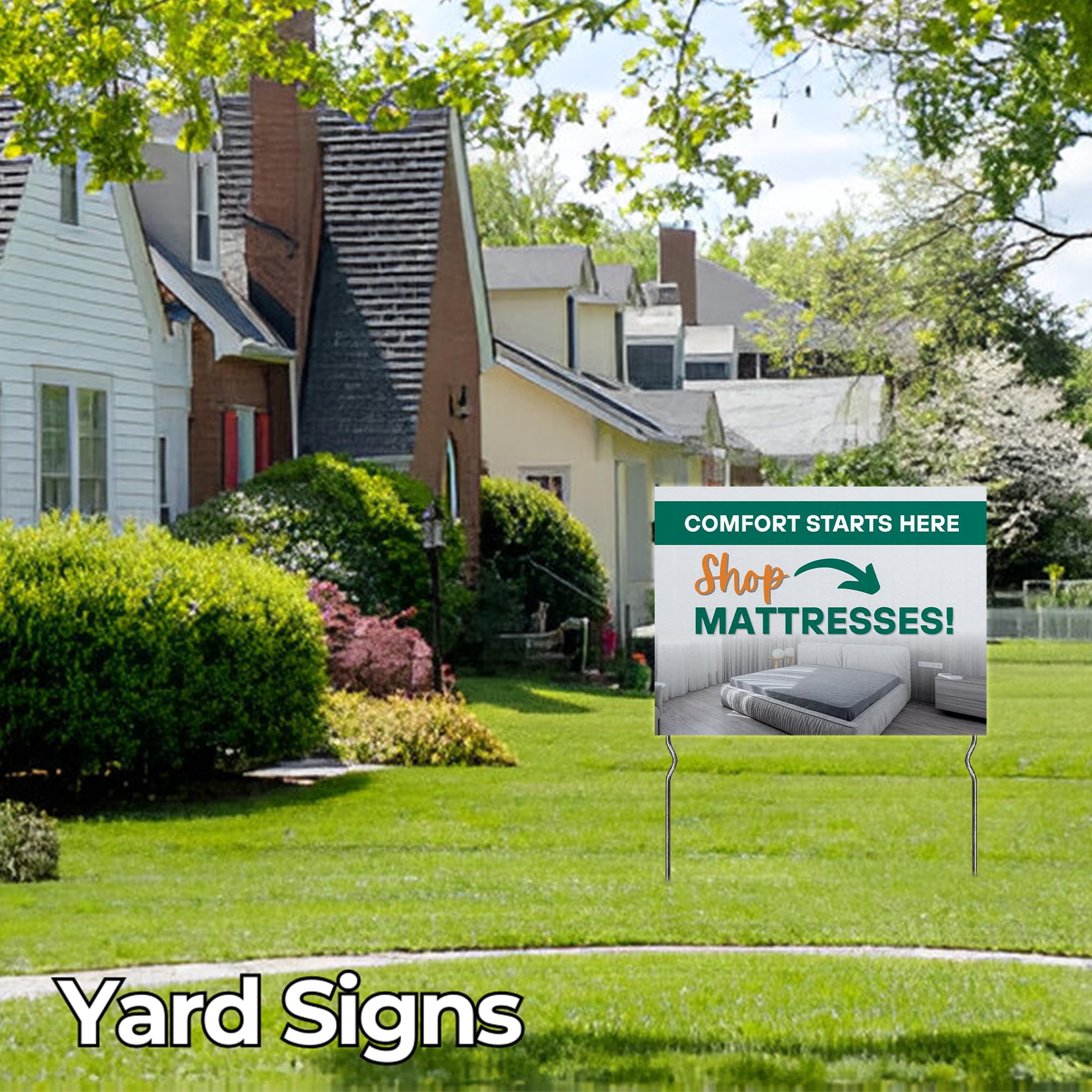 Comfort Starts Here - Shhop Mattresses! Yard Sign by DC | 24"x18" Double Sided Furniture Garden Sign with 13” Metal Stakes | Outdoor Signs Waterproof for Lawn, Patio, Sidewalk & House | Set of 5