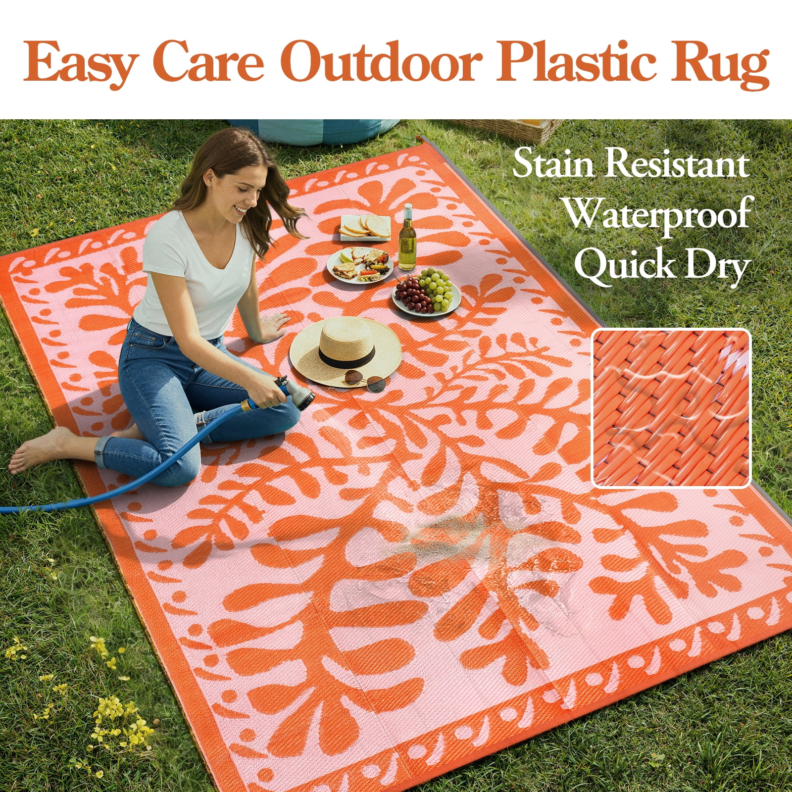 SUNDEREY 8’X10’Outdoor Rug for Patio,Waterproof Beach Mats, Seaweed Pattern Plastic Straw Outdoor Rugs for RV Patio Deck Beach Porch Backyard,Orange