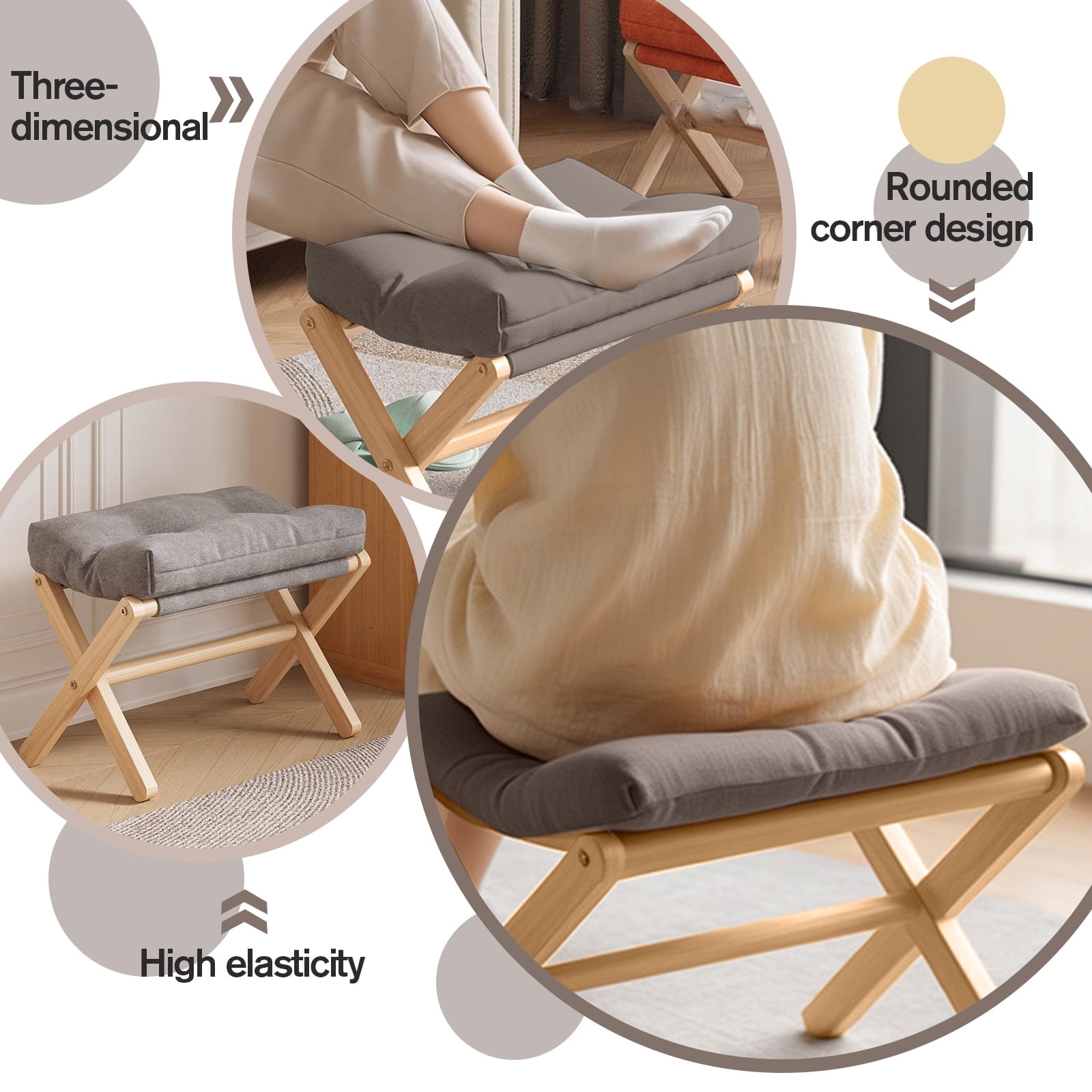 GIRACOA Folding Wooden Footrest Stool – Padded Collapsible Small Ottoman, Portable Foot Rest for Couch & Sofa, Grey, Ideal for Living Room & Bedroom