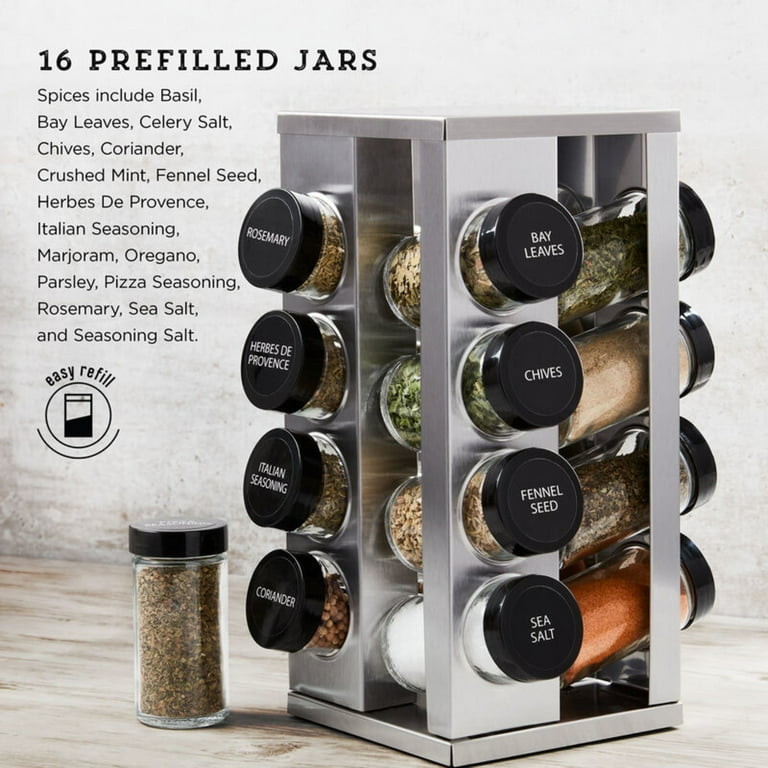 Kamenstein Heritage 16-Jar Revolving Pre-Filled Countertop Spice Rack  Organizer Stainless Steel with Free Spice Refills for 5 Years 