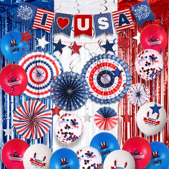 sixwipe 4th of July Decorations Set, Red White Blue Patriotic Paper Fans, USA Flag Banner, Foil Tassel Swirls for Independence Day Party Supplies, Memorial Day & Veterans Day Decor