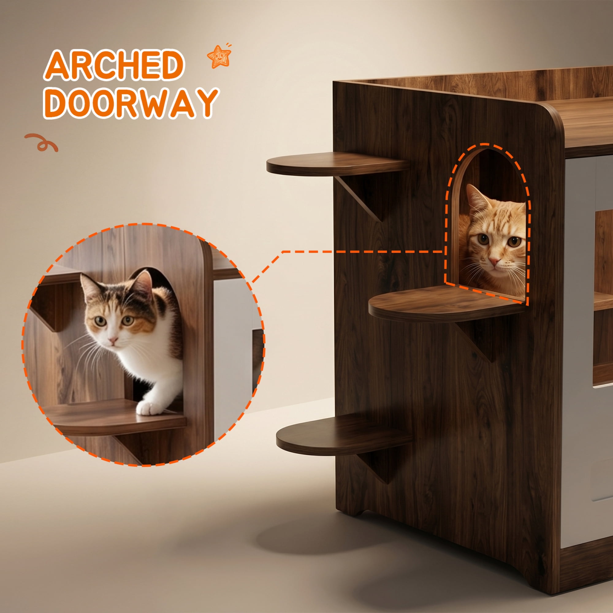 HOQBN Cat Litter Box Enclosure Furniture, Dog Proof Hidden Litter Box Cabinet with Acrylic Door, Extra Long Runway & Storage Drawer, Indoor Cat Play Area Brown+White