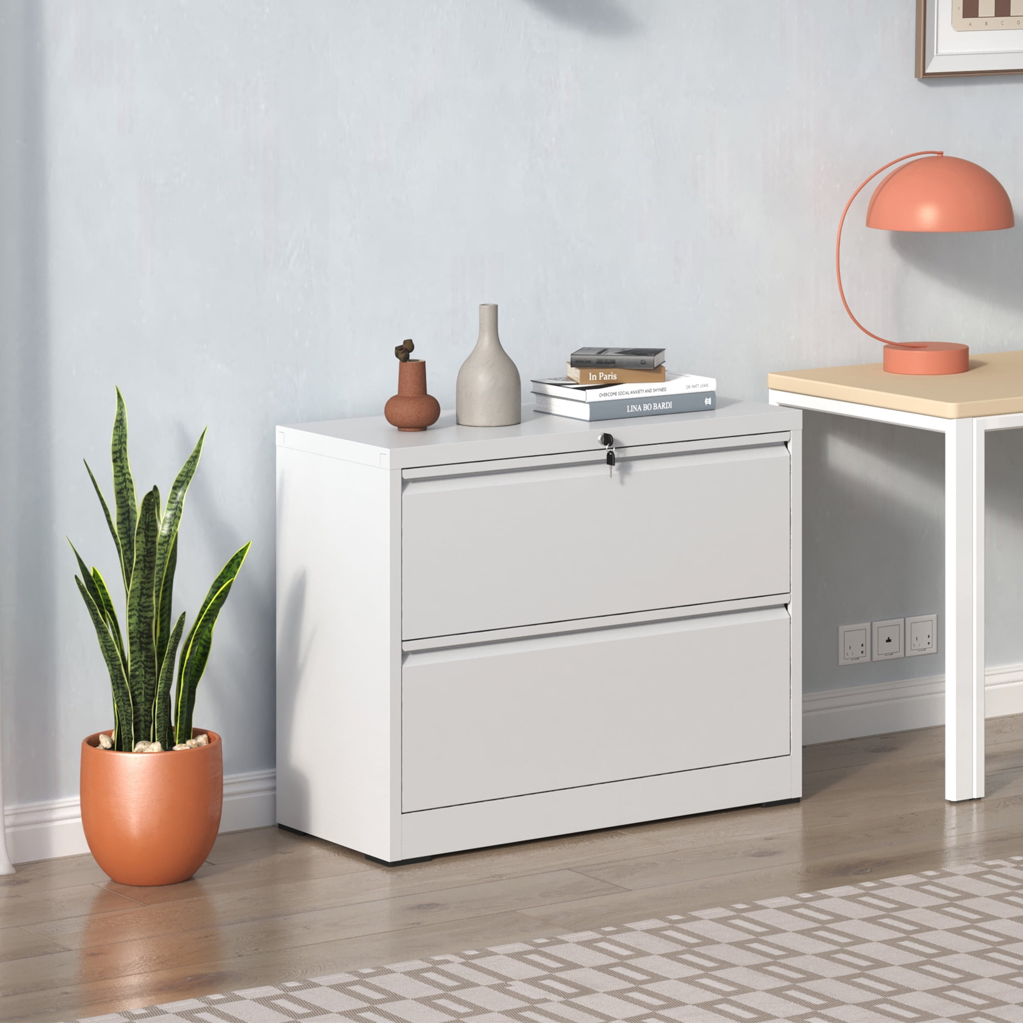 Xukmct Lateral File Cabinet with Lock, Lockable File Cabinet for Home Office, 2 Drawer Locking Metal File Cabinet for Letter/A4/F4 Size, White